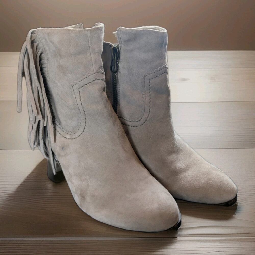 Sam Edelman LOUIE Taupe Suede Fringed Western Style Ankle Boots 7.5 Boho Preppy